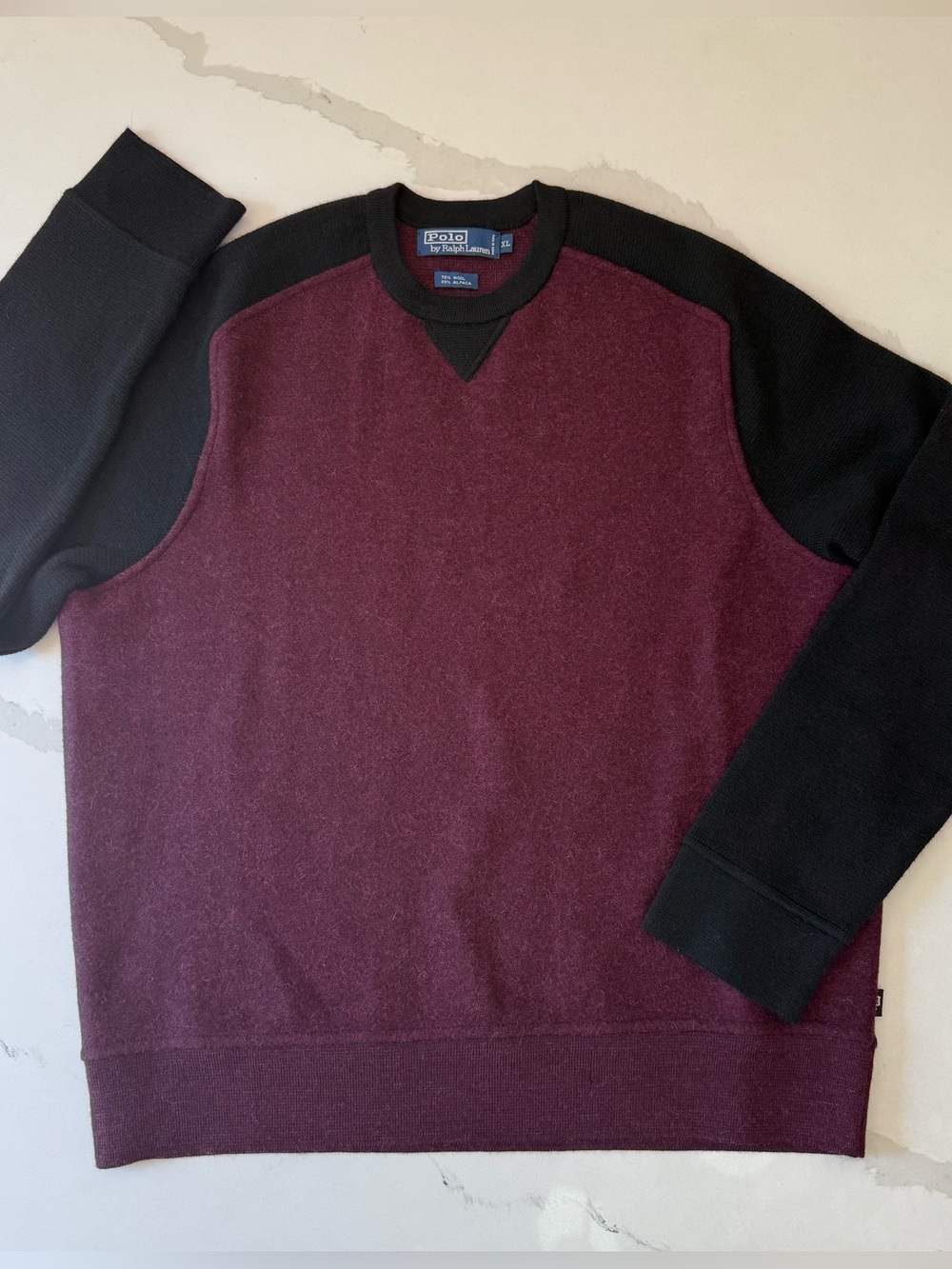 Polo Ralph Lauren Alpaca Wool Sweater XL Burgundy Black Colorblock Crewneck